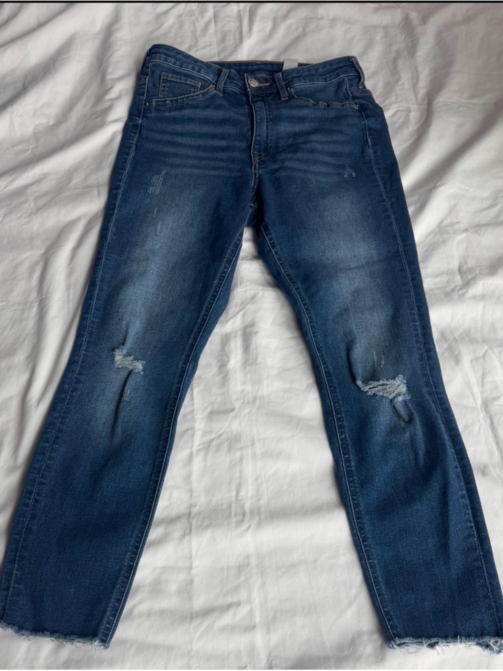 H&M Dark Blue Straight Leg Distressed Jeans